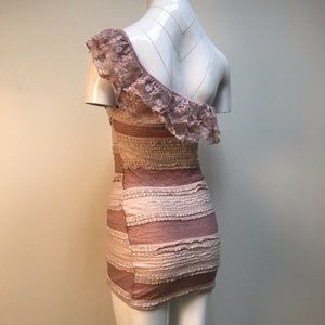 Marquis pink ruffle lace one shoulder mini dress